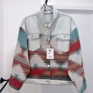 Aztec Denim Jacket - Light Blue Denim and Aztec Pattern - Women's Size XXL